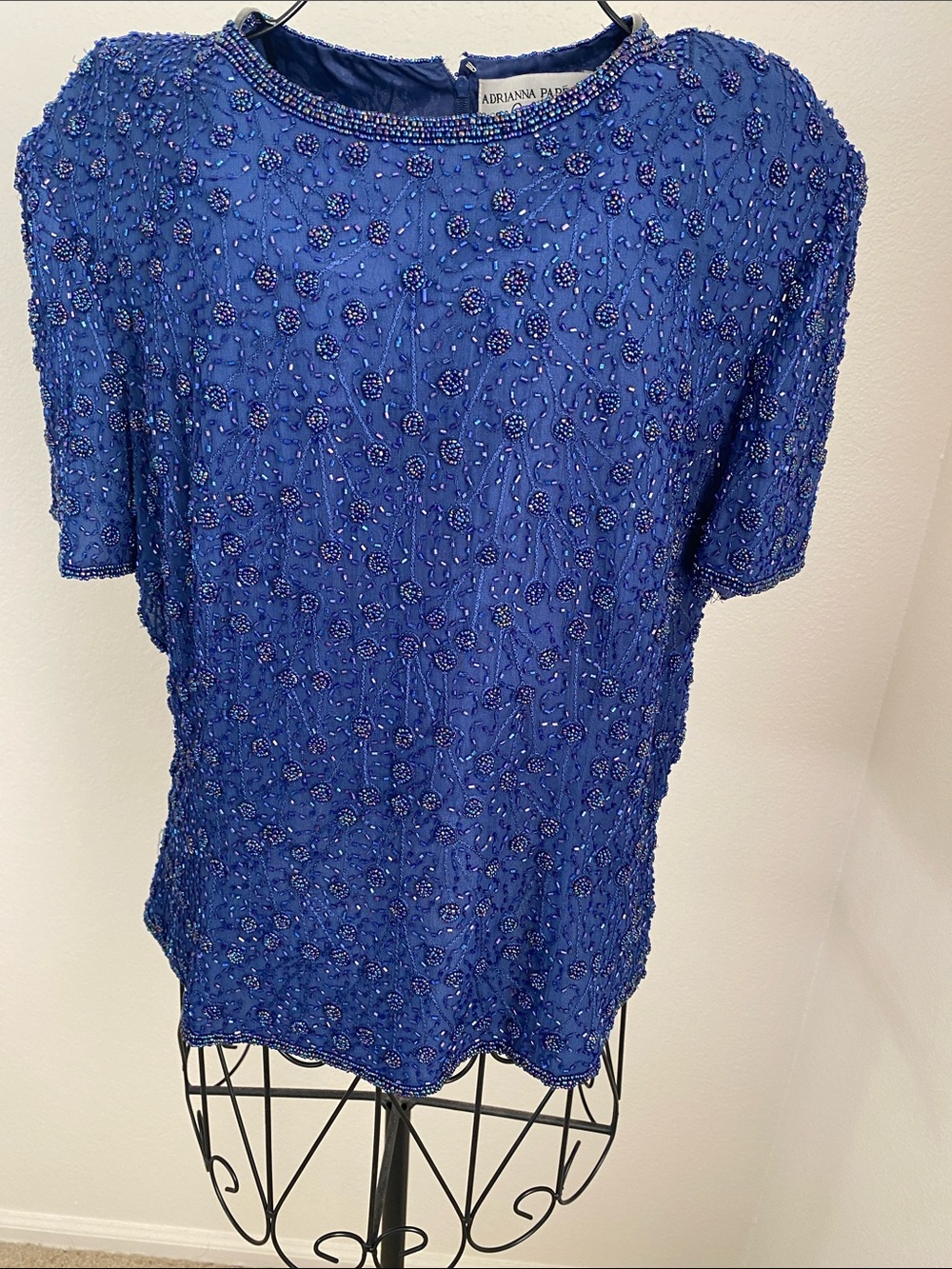 Vintage Adrianna Papell Beaded Cobalt Blue Short Sleeve Top